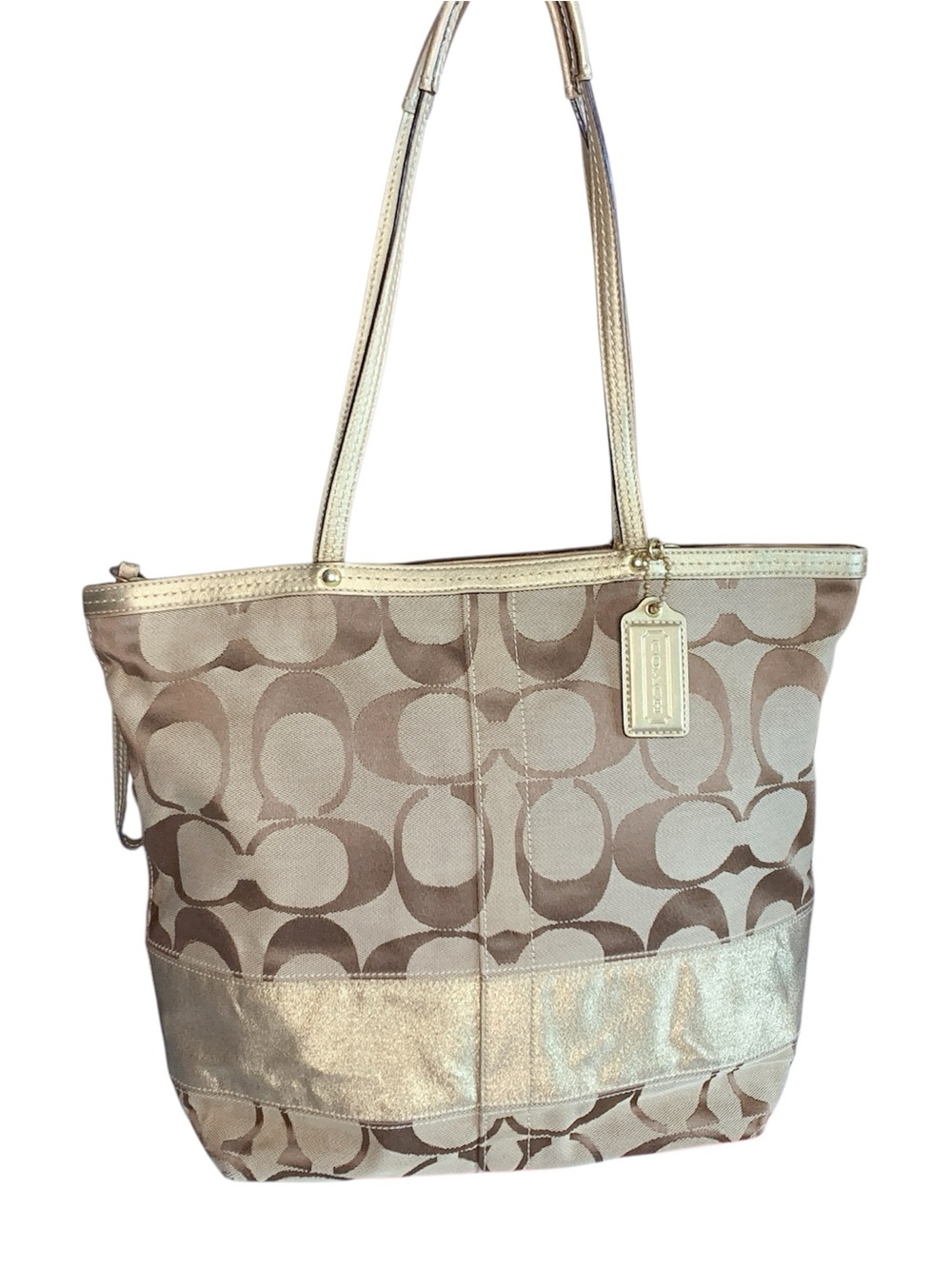 Coach Tan Signature Tote with Metallic Gold Trim